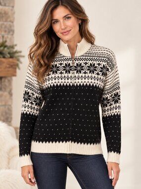 Classiques Entier Merino Wool Fair Isle Snowflake Zip Cardigan Sweater M